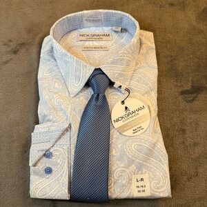 Nick Graham Light Blue Paisley Modern Fit Stretch Dress Shirt Tie Set Mens Large
